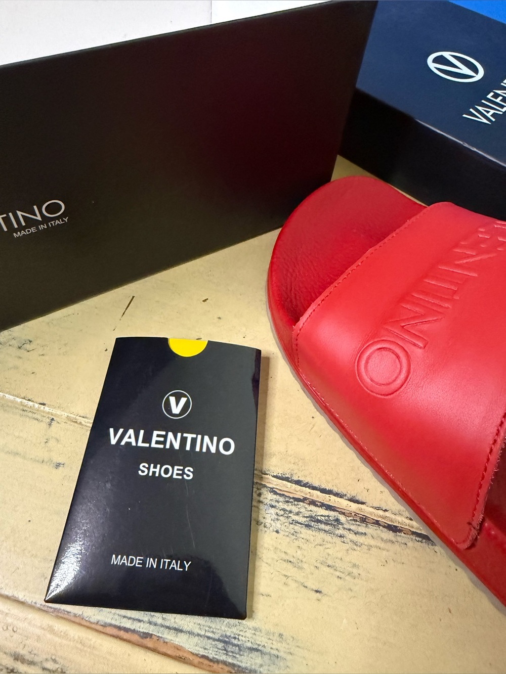 Valentino Red Embossed Logo Slide Sandals - Picture 8 of 9